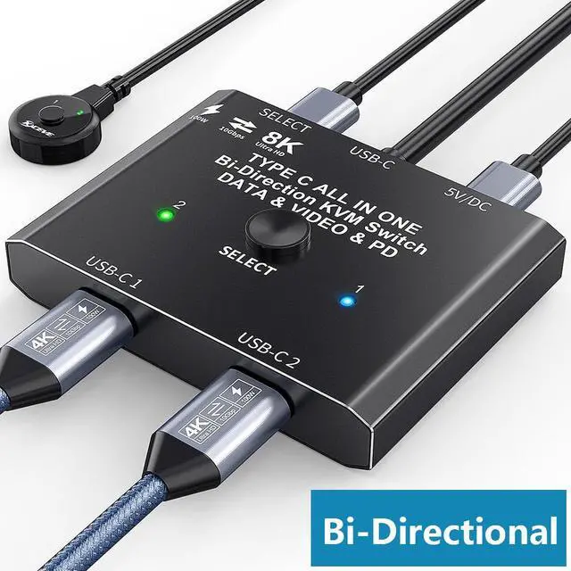 USB C Switch 2 in 1 Out / 1 in 2 Out Bi-Directional USB C Switcher 2 Computers USB C KVM Switch Support 8K 30Hz 4K 120Hz Video 10Gbps Data Transfer 2 USB-C Cables and Wired Controller Included