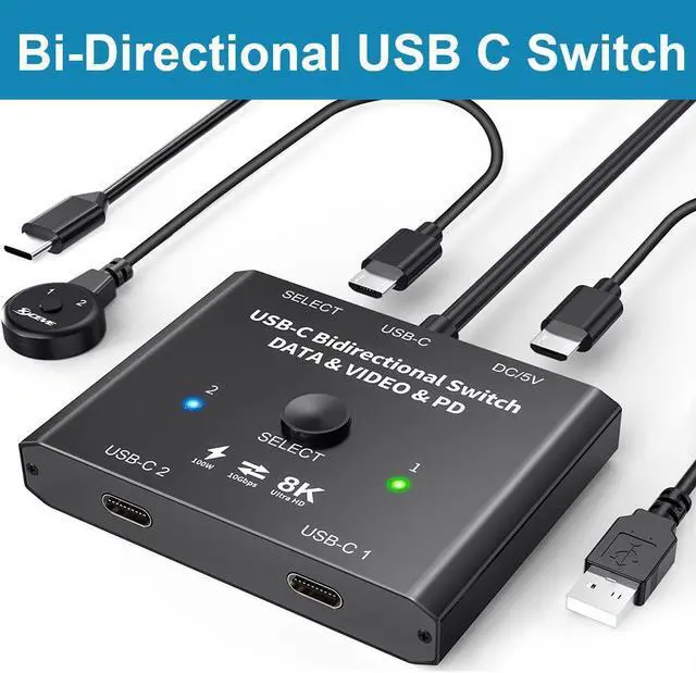 USB C Switch 2 in 1 Out or 1 in 2 Out Bi-Directional USB Type C KVM Switch Support 8K 60Hz 4K 120Hz Video/10Gbps Data Transfer/100W Charging Compatible with Thunderbolt Device