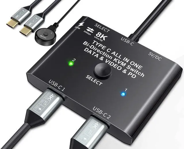 USB C Switch Bi-Directional USB C Switcher 2 Computers USB Type C KVM Switch 8K 60Hz 4K 120Hz Video/10Gbps Data Transfer/100W Charging Compatible with Thunderbolt Device 2 USB-C Cables Included