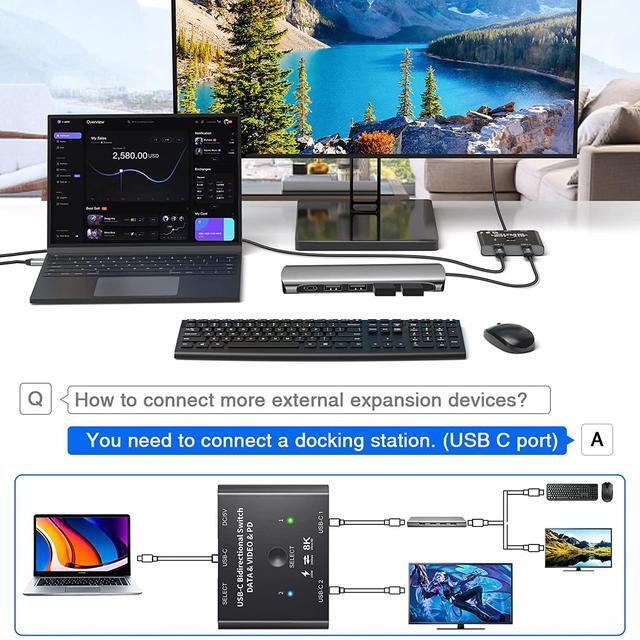USB-C Switch Bi-Directional USB C Switcher 2 In 1 Out/1 In 2 Out Type C KVM Switch Supports 8K 60Hz 4K 120Hz Video / 10Gbps Data Transfer/ 100w Power Delivery Compatible With Thunderbolt Device