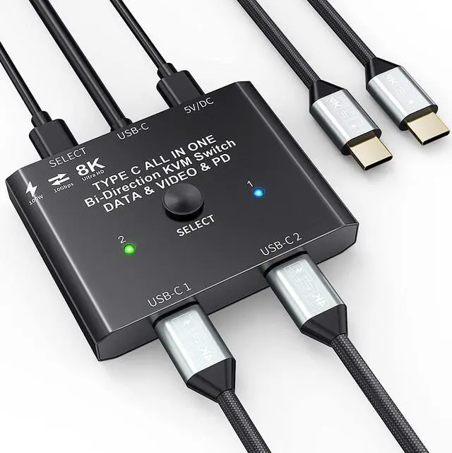 USB-C Switch Bi-Directional USB C Switcher 2 in 1 Out/1 in 2 Out Type C KVM Switch Supports 8K 60Hz 4K 120Hz Video / 10Gbps Data Transfer/ 100w Power Delivery Compatible with Thunderbolt Device