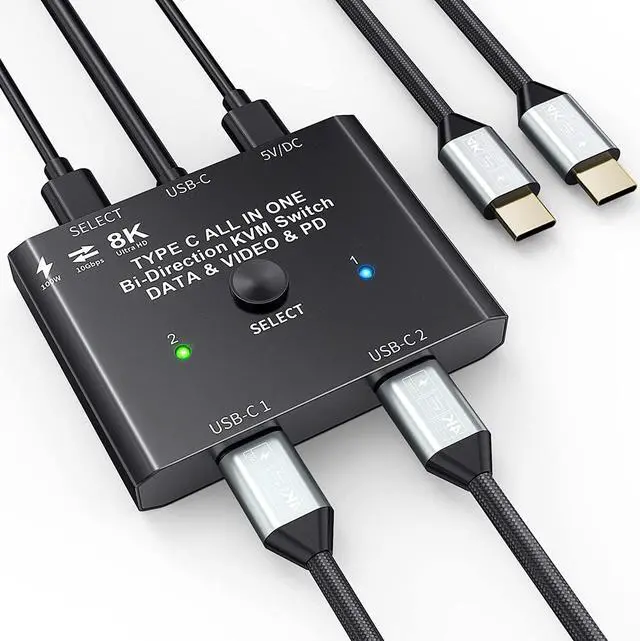 USB-C Switch Bi-Directional USB C Switcher 2 in 1 Out/1 in 2 Out Type C KVM Switch Supports 8K 60Hz 4K 120Hz Video / 10Gbps Data Transfer/ 100w Power Delivery Compatible with Thunderbolt Device