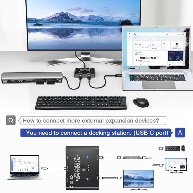 USB C Switch Bi-Directional USB C Switcher For 2 Laptops USB Type C KVM Switch 8K 60Hz 4K 120Hz Video/10Gbps Data Transfer/100W Charging 2 USB-C Cables And Remote Controller Included