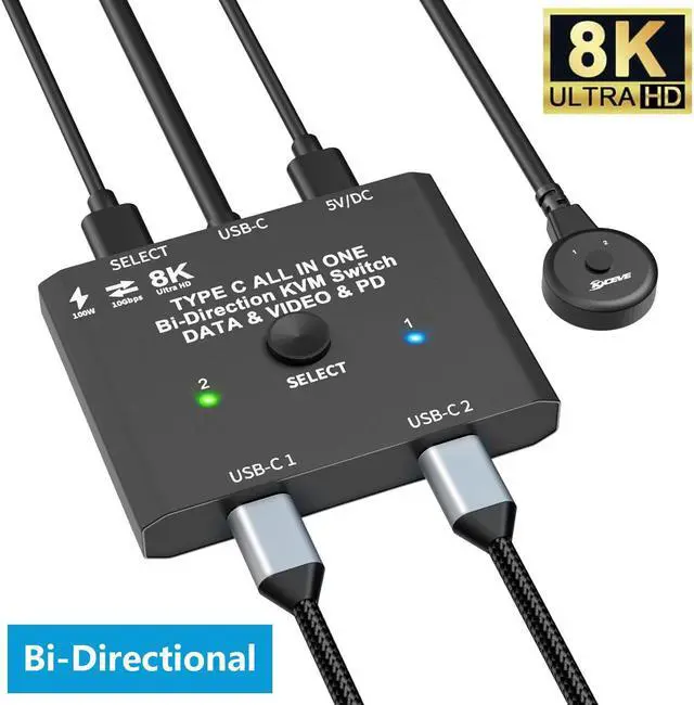 USB C Switch Bi-Directional USB C Switcher for 2 Laptops USB Type C KVM Switch 8K 60Hz 4K 120Hz Video/10Gbps Data Transfer/100W Charging 2 USB-C Cables and Remote Controller Included