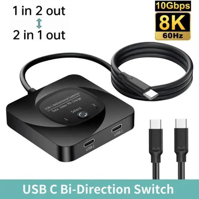 USB C Switch Selector [2 In 1 Out / 1 in 2 Out] Bi-Directional USB C Switcher Splitter 8K 60Hz USB 3.1 Gen2 10Gbps Data Transfer Type C Switch for Computers Support PD100W with Power Indicator