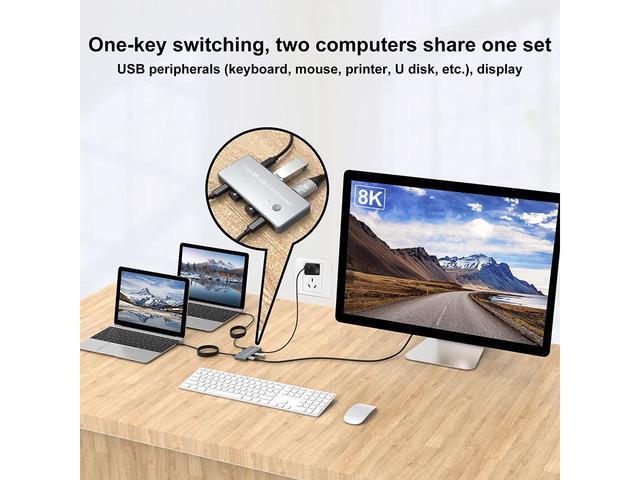 USB C Type-C KVM Switch 8K USB C KVM Switches 2 Ports USB Type-C For 2 Computers Share One 8K 60Hz HD Monitor Switch Selector With 3 USB Supported Wireless Devices Keyboard Mouse Printer Scanner