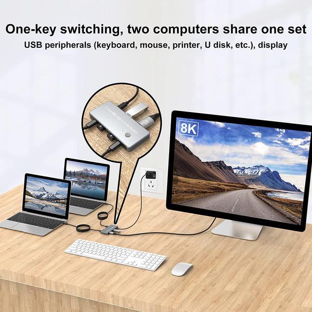 USB C Type-C KVM Switch 8K USB C KVM Switches 2 Ports USB Type-C For 2 Computers Share One 8K 60Hz HD Monitor Switch Selector With 3 USB Supported Wireless Devices Keyboard Mouse Printer Scanner