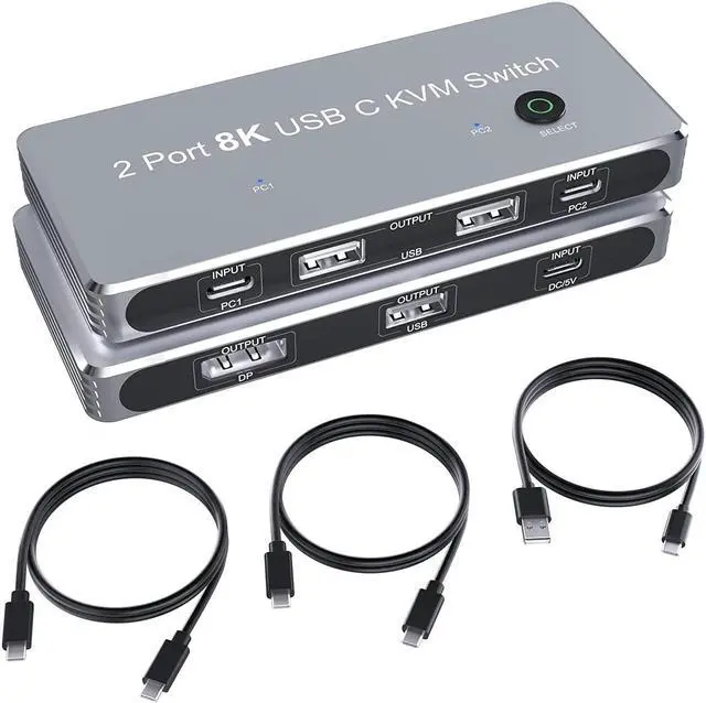 USB C Type-C KVM Switch 8K USB C KVM Switches 2 Ports USB Type-C for 2 Computers Share One 8K 60Hz HD Monitor Switch Selector with 3 USB Supported Wireless Devices Keyboard Mouse Printer Scanner