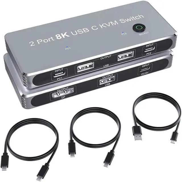 USB C Type-C KVM Switch 8K USB C KVM Switches 2 Ports USB Type-C for 2 Computers Share One 8K 60Hz HD Monitor Switch Selector with 3 USB Supported Wireless Devices Keyboard Mouse Printer Scanner