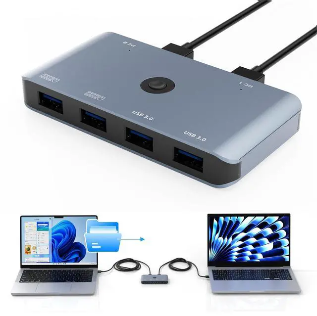 USB Data Transfer KVM Switch Direct Transfer Data Between 2 Computers with Sharing 4 USB Compatible with Windows 11/10/7 Mac OS