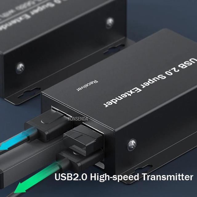 USB Extender 50M 4-Port USB2.0 HUB Over Cat5e Cat6 Up To 50M USB To Rj45 LAN Extension Transmitter Support Webcam Camera Printer(With UK Plug)