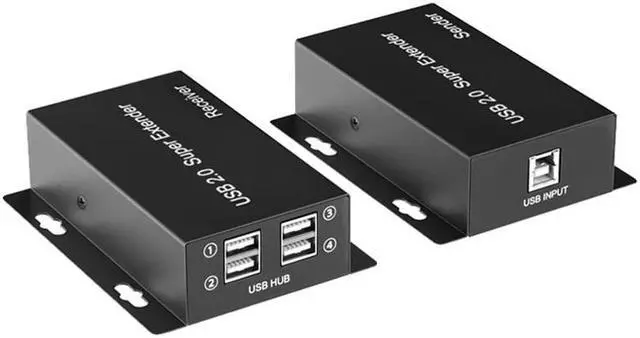 USB Extender 50M 4-Port USB2.0 HUB over Cat5e Cat6 Up to 50M USB to Rj45 LAN Extension Transmitter Support Webcam Camera Printer(With UK Plug)