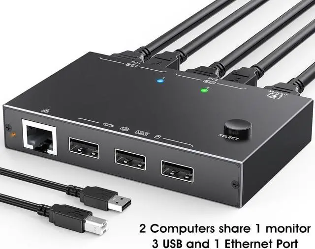 USB HDMI KVM Switch with Ethernet HDMI KVM Switch 2 Port 4K 60Hz KVM Switches for 2 Computers Share 1 Monitor and 3 USB Devices Keyboard Mouse 100Mbps Ethernet Network KVM Switcher