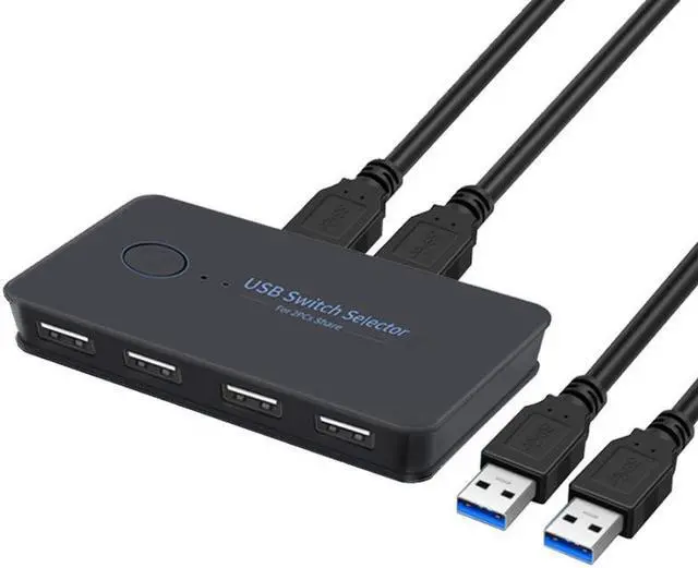 USB KVM Switch Selector 2 Computers 4-Port USB 2.0 Peripheral Sharing Switch Hub Adapter for Keyboard Mouse U-disk Printer KVM One-Second Switcher Compatible with Mac / Windows / Linux