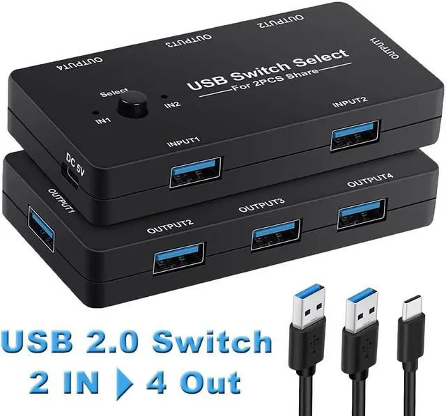 USB KVM Switch Selector for 2 Computers & Sharing 4 USB Devices for Mouse Keyboard Scanner Printer PCs with One-Button Switch Compatible with Mac/Windows/Linux
