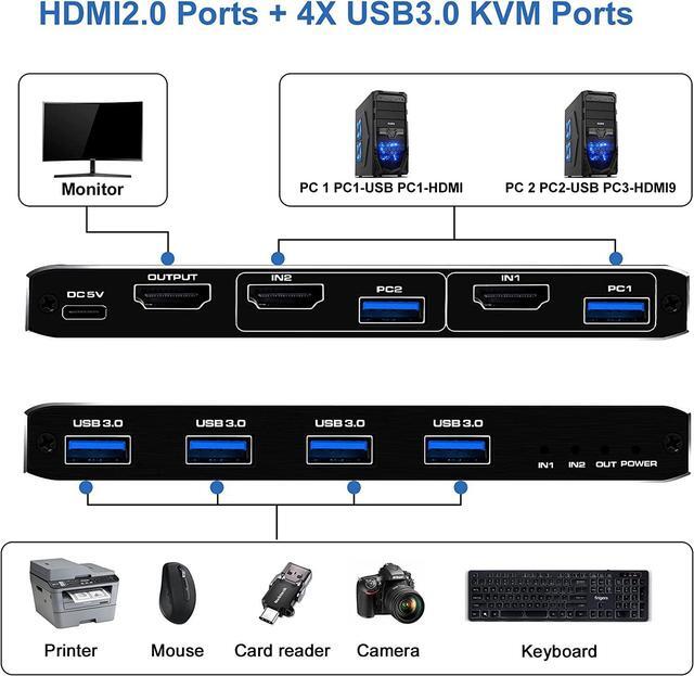 USB KVM Switch USB 3.0 Switcher HDMI-compatible KVM Switch 2 In 1 Out 4K For 2 PC Sharing Keyboard And Mouse EDID / HDCP Printer
