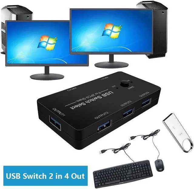 USB Switch 2 in 4 Out USB Switcher Selector 2 Port for 2 Computer Share 4 USB Device Keyboard Mouse Printer Scanner U Disk USB 2.0 switcher Compatible with Windows Linux etc