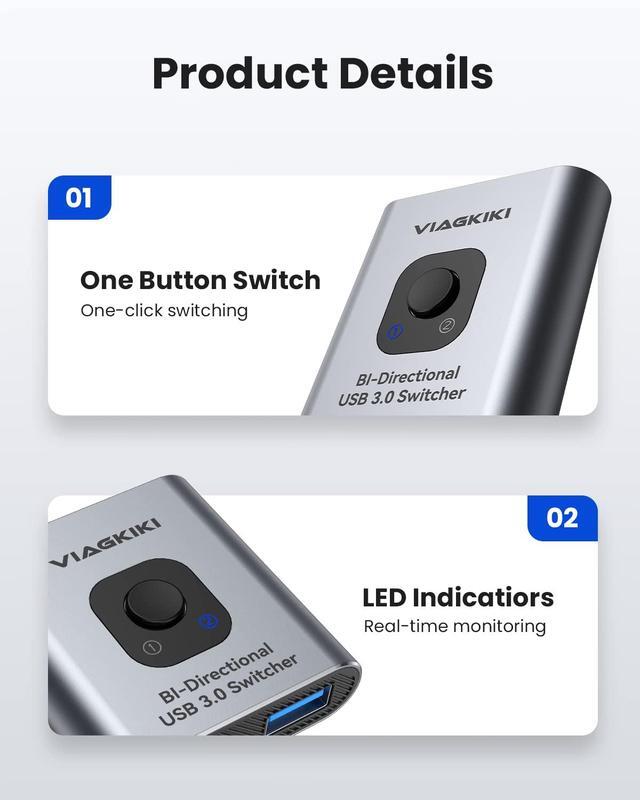 USB Switch 3.0 KVM Switch Bi-Directional USB Switch Selector 2 In 1 Out/1 In 2 Out Viagkiki USB Switcher 2 Computers Share 1 USB Devices For PCs Mouse Keyboard Printer Scanner (with 2 USB 3.0 Cables)
