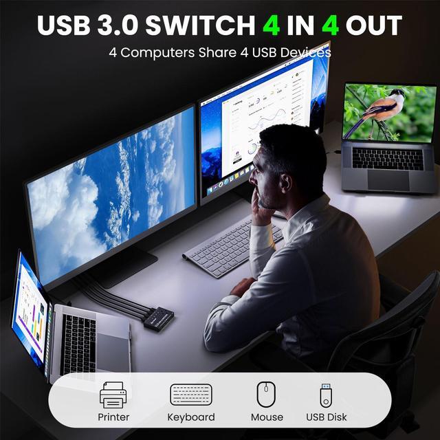 USB Switch 4 Computers USB 3.0 Switch For 4 Computer Share 4 USB Devices With Wired Remote USB Cable