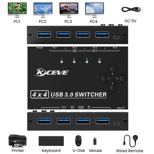 USB Switch 4 Computers USB 3.0 Switch For 4 Computer Share 4 USB Devices With Wired Remote USB Cable