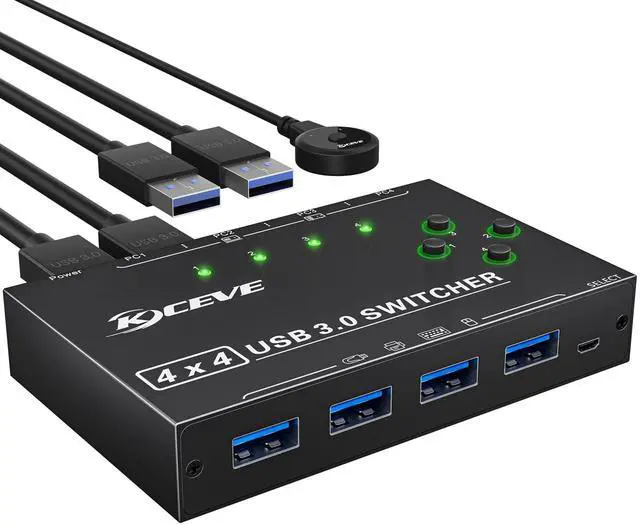 USB Switch 4 Computers USB 3.0 Switch for 4 Computer Share 4 USB Devices with Wired Remote USB Cable