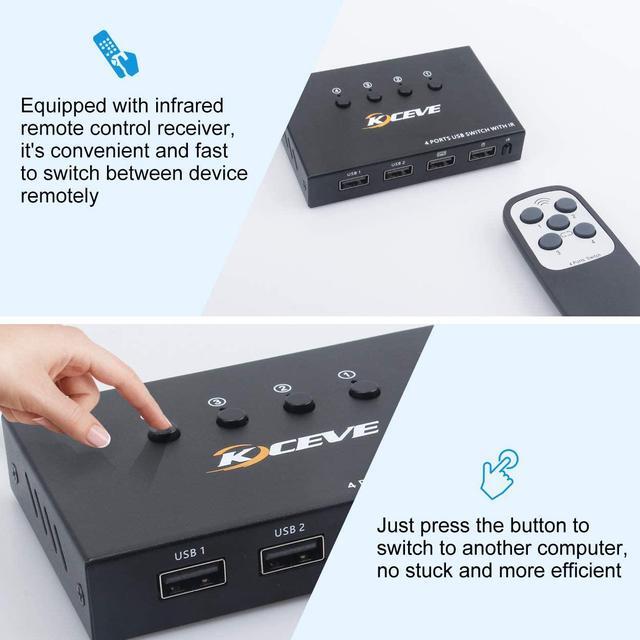 USB Switch 4 Port 4 In 4 Out USB KVM Switch For 4 PC Share 4 USB Ports USB Switcher Box For Mouse Keyboard Printer Scanner With Remote Control And USB Cables (battery Not Included)