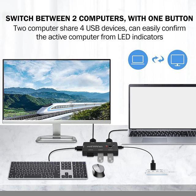 USB Switch Selector 2 Computers Sharing 4 USB Devices KVM Switch Adapter USB 2.0 Peripheral Switcher Hub For Keyboard Mouse Scanner Printer PCs With One-Button Switch And 2 Pack USB A To A Cable