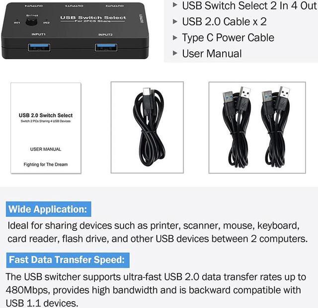 USB Switch Selector 2 Computers Sharing 4 USB Devices USB 2.0 Peripheral Switcher Box Hub For Keyboard Mouse Scanner Printer With One-Button Swapping And 2 USB Cables