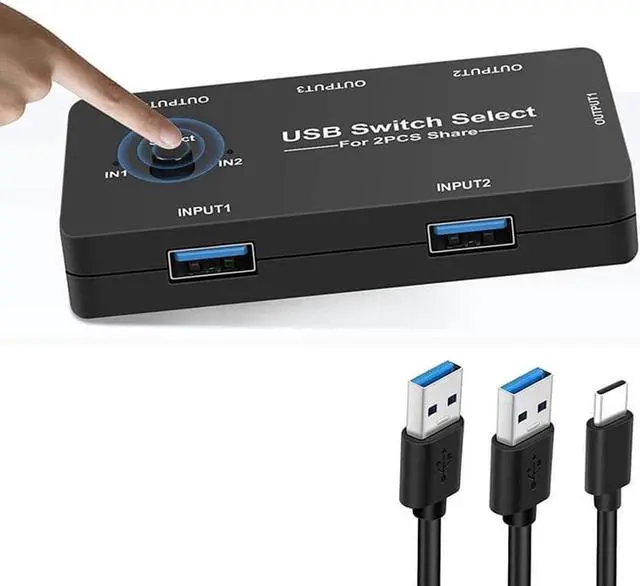 USB Switch Selector 2 Computers Sharing 4 USB Devices USB 2.0 Peripheral Switcher Box Hub for Keyboard Mouse Scanner Printer with One-Button Swapping and 2 USB Cables