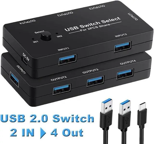 USB Switch Selector 2 Computers Sharing 4 USB Devices USB 2.0 Peripheral Switcher Box Hub for Mouse Keyboard Scanner Printer PCs with One-Button Swapping and 2 Pack USB A to A Cable