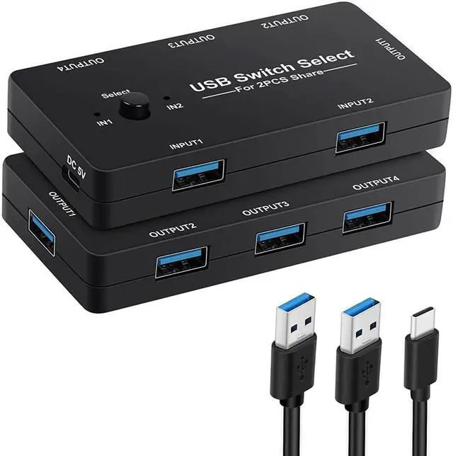 USB Switch Selector 2 Computers Sharing 4 USB Devices KVM Switch Adapter USB 2.0 Peripheral Switcher Hub for Keyboard Mouse Scanner Printer PCs with One-Button Switch and 2 Pack USB A to A Cable