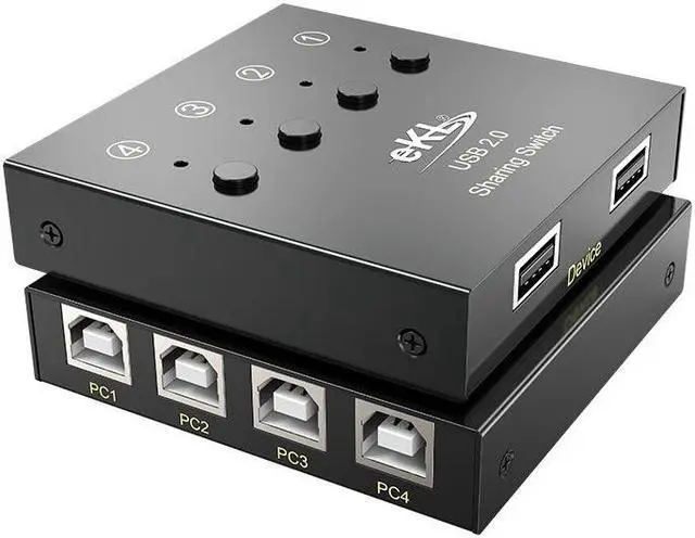 USB Switch Selector 4 Computers in Sharing 2 USB Devices Out Controller USB 2.0 Peripheral Switcher Box Hub for Mouse Keyboard PCs Scanner Printer with Button Swapping and 4 Pack USB A to B Cable
