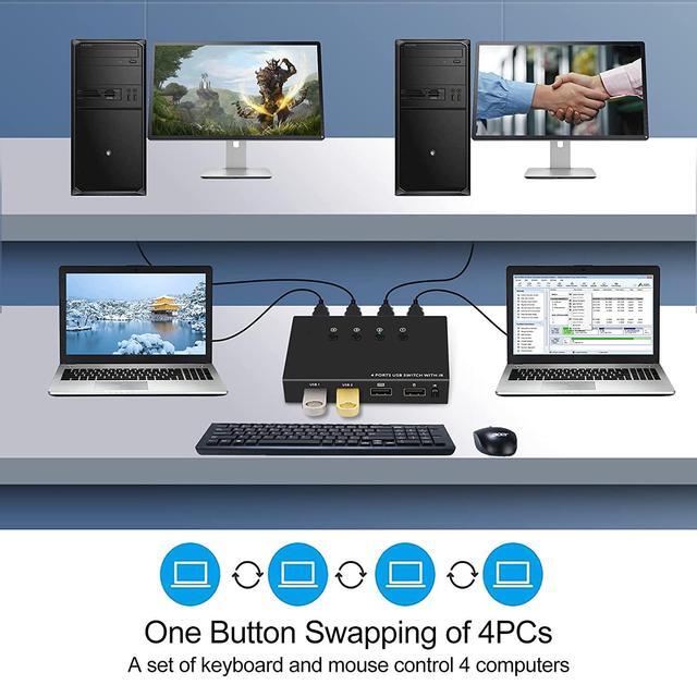 USB Switch Selector 4 Port KVM Switch 4 Computers Sharing 4 USB Devices USB Peripheral Switcher Box For Keyboard Mouse Printer Scanner PC. With Remote Control And 4 USB Cables