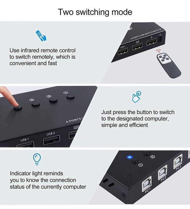 USB Switch Selector 4 Port KVM Switch 4 Computers Sharing 4 USB Devices USB Peripheral Switcher Box For Keyboard Mouse Printer Scanner PC. With Remote Control And 4 USB Cables
