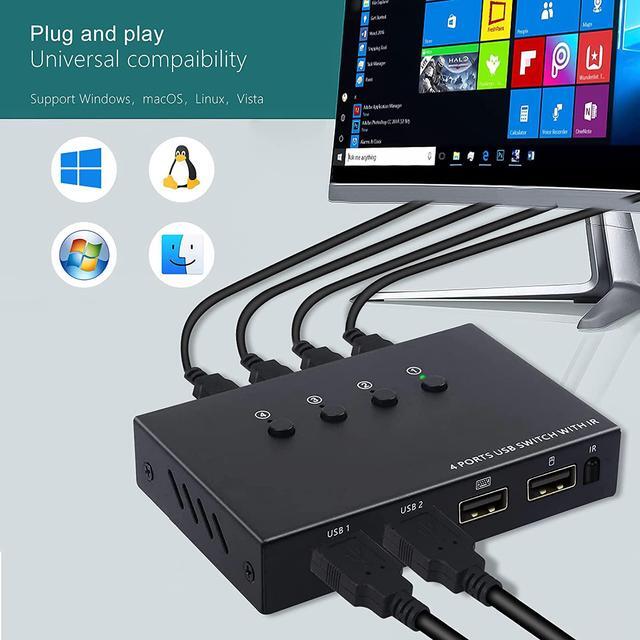 USB Switch Selector 4 Port KVM Switch 4 Computers Sharing 4 USB Devices USB Peripheral Switcher Box For Keyboard Mouse Printer Scanner PC. With Remote Control And 4 USB Cables