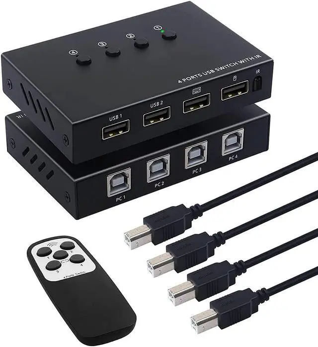 USB Switch Selector 4 Port KVM Switch 4 Computers Sharing 4 USB Devices USB Peripheral Switcher Box for Keyboard Mouse Printer Scanner PC. with Remote Control and 4 USB Cables