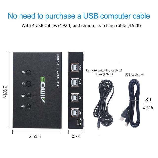 USB Switch Selector 4 Port USB KVM Switcher 4 Computers Sharing 4 USB Devices One-Button Swapping For Share Mouse Keyboard Printer Scanner With 4 USB Cables