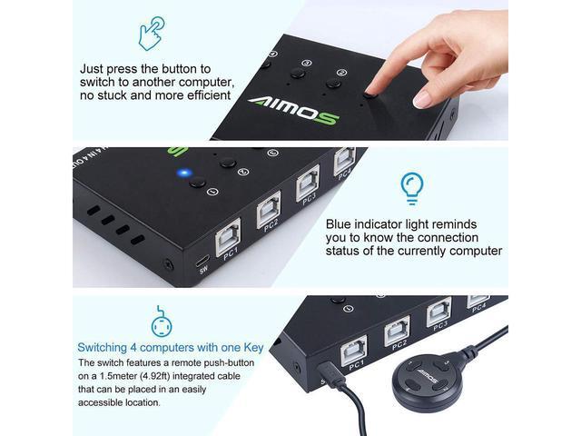 USB Switch Selector 4 Port USB KVM Switcher 4 Computers Sharing 4 USB Devices One-Button Swapping For Share Mouse Keyboard Printer Scanner With 4 USB Cables