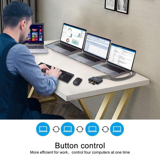 USB Switch Selector 4 Port USB KVM Switcher 4 Computers Sharing 4 USB Devices One-Button Swapping For Share Mouse Keyboard Printer Scanner With 4 USB Cables