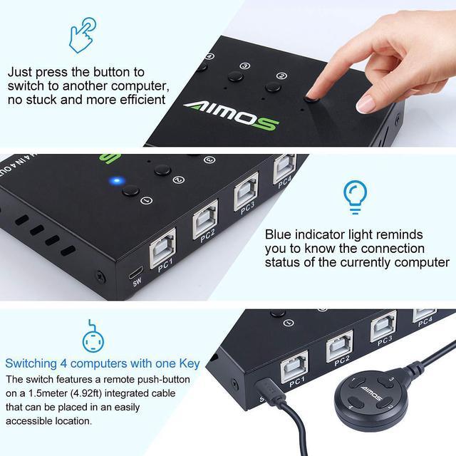 USB Switch Selector 4 Port USB KVM Switcher 4 Computers Sharing 4 USB Devices One-Button Swapping For Share Mouse Keyboard Printer Scanner With 4 USB Cables