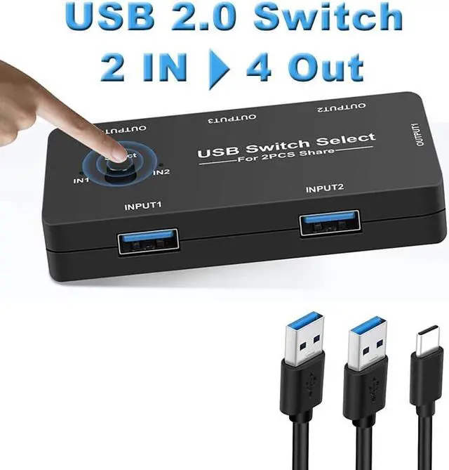 USB Switch Selector USB KVM Switch for 2 Computers Sharing 4 USB Peripheral Device Mouse Keyboard Printer with One-Button Switch and 2 Pack USB A to A Cable