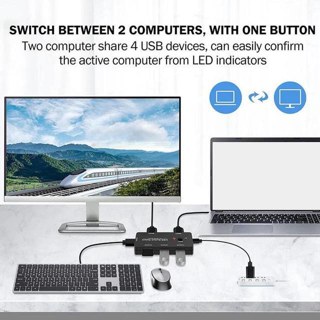 USB Switch USB Switcher 2 Computers Sharing 4 USB Devices USB Metal KVM Switch For Printer Keyboard Switches Scanner PCs With One-Button Swapping And 2 Pack USB Cables