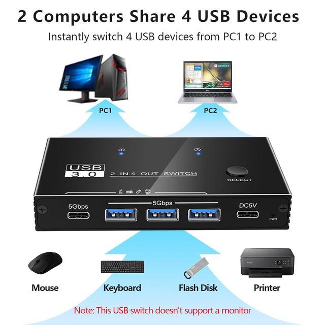 USB Switcher 2 Computers Sharing - 5Gbps USB 3.0 Switch Share 4 Port Devices Plug And Play Aluminum USB3.0 Switch Selector 2 PCs Share Keyboard Mouse Printer Scanner With One Button