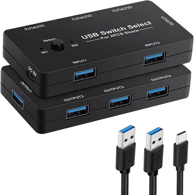 USB Switcher Selector 2 Computers Sharing 4 USB Devices KVM Switcher One-Button Swapping Box for Mouse Keyboard Scanner Printer PCs