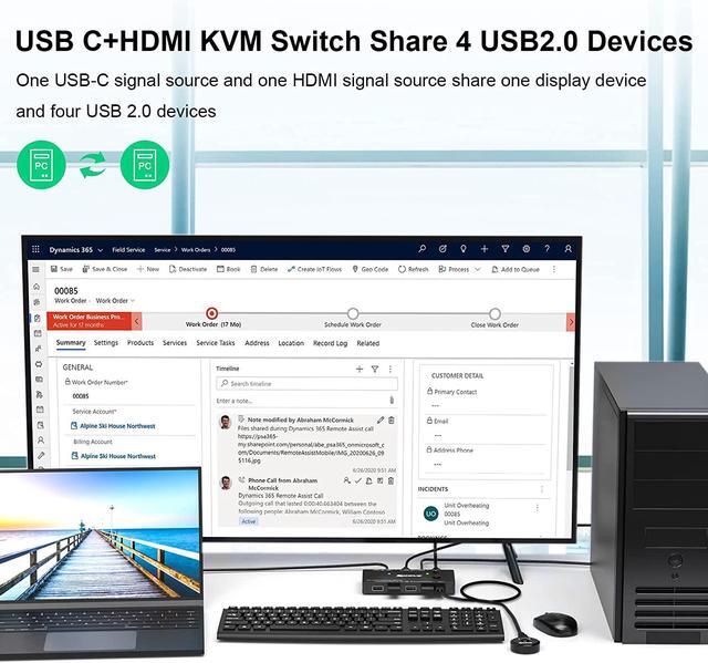 USB Type-C HDMI KVM Switch 4K 60Hz USB C +HDMI Switch For 2 Computers Share 1 Monitor And 4 USB Devices Compatible With Thunderbolt 3 With 100 W Power Delivery Wired Remote And 3 Cables Included