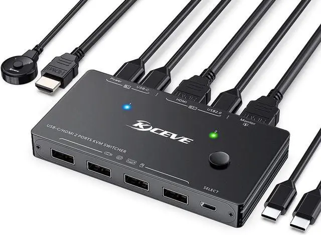 USB Type-C HDMI KVM Switch 4K 60Hz USB C +HDMI Switch for 2 Computers Share 1 Monitor and 4 USB Devices Compatible with Thunderbolt 3 with 100 W Power Delivery Wired Remote and 3 Cables Included