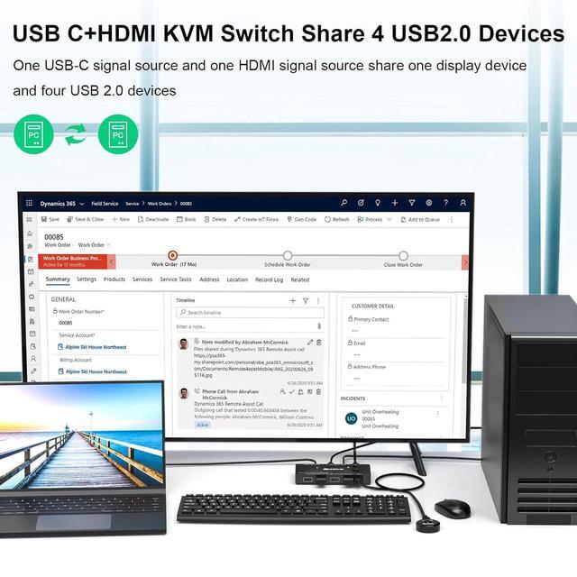 USB Type-C + HDMI KVM Switch 4K 60Hz USB C KVM Switch For 2 Computers Share 1 Monitor And 4 USB Devices Compatible With Thunderbolt 3 With 100 W Power Delivery Wired Remote And 3 Cables Included