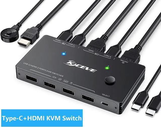 USB Type-C + HDMI KVM Switch 4K 60Hz USB C KVM Switch for 2 Computers Share 1 Monitor and 4 USB Devices Compatible with Thunderbolt 3 with 100 W Power Delivery Wired Remote and 3 Cables Included