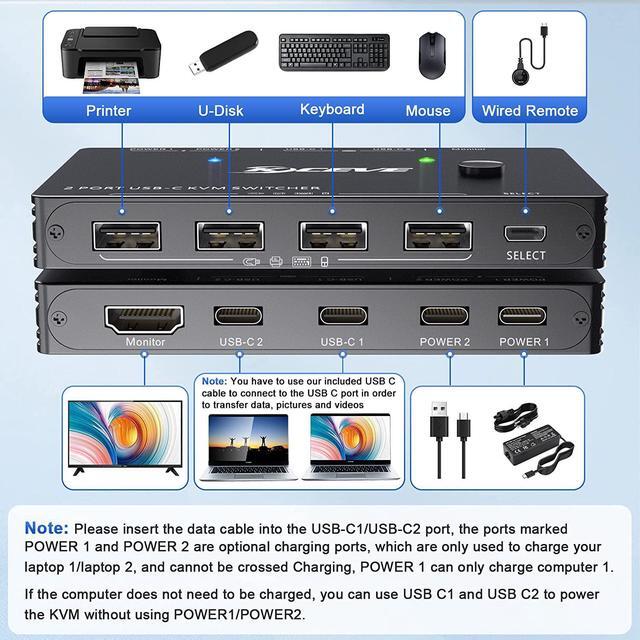 USB Type-C KVM Switch 4K 60Hz 2 In 1 Out Type-C KVM Switch For 2 Computers Share One HDMI Monitor And USB Devices-Power Delivery 100W Type-C KVM With USB-C Cable HDMI2.0 Cable And Wired Remote