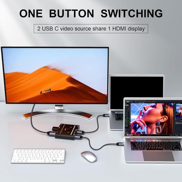 USB Type C KVM Switch 4K 60Hz 2-Port Type C To HDMI Switcher For 2 USB-C Port Laptops Share 1 HDMI Monitor And USB Devices With Wired Remote And USB-C Cable